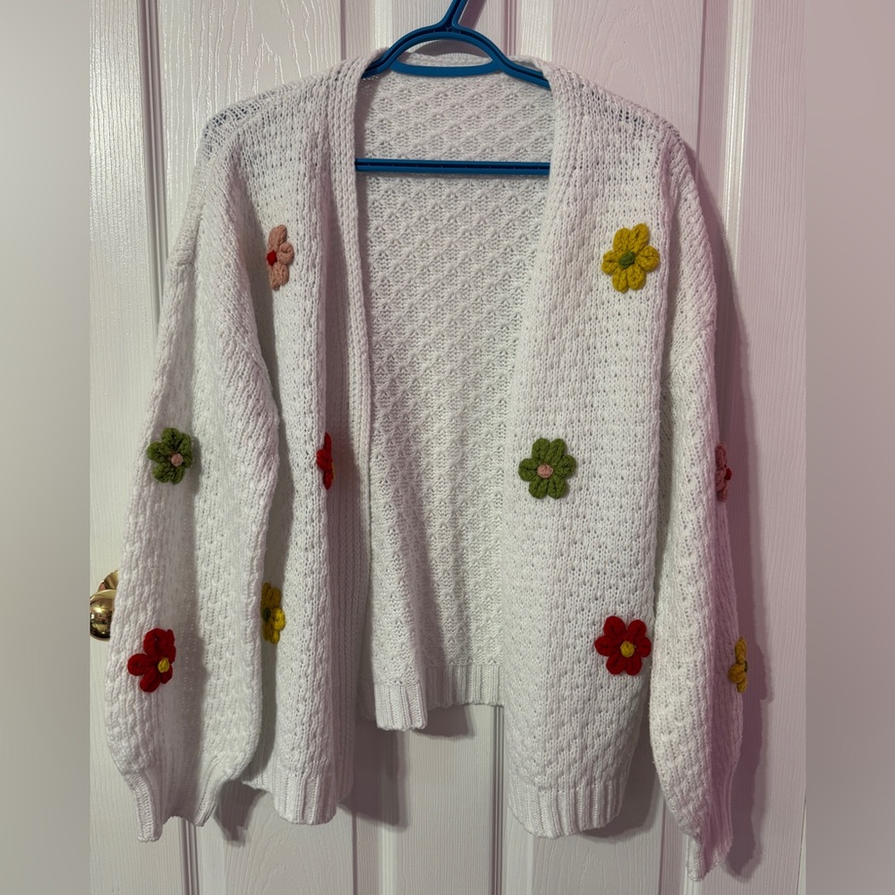 SHEIN White Cardigan with Colorful Floral Accents
